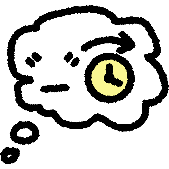 A white thought bubble has a blank line in quotations next to a soft yellow clock with an arrow arching forward.